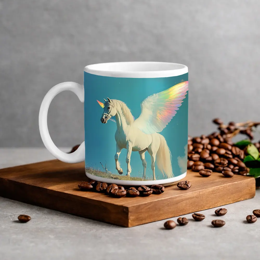 White Unicorn Rainbow Wings Blue Sky – Mugs