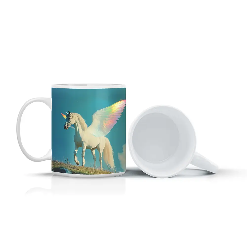White Unicorn Rainbow Wings Blue Sky – Mugs