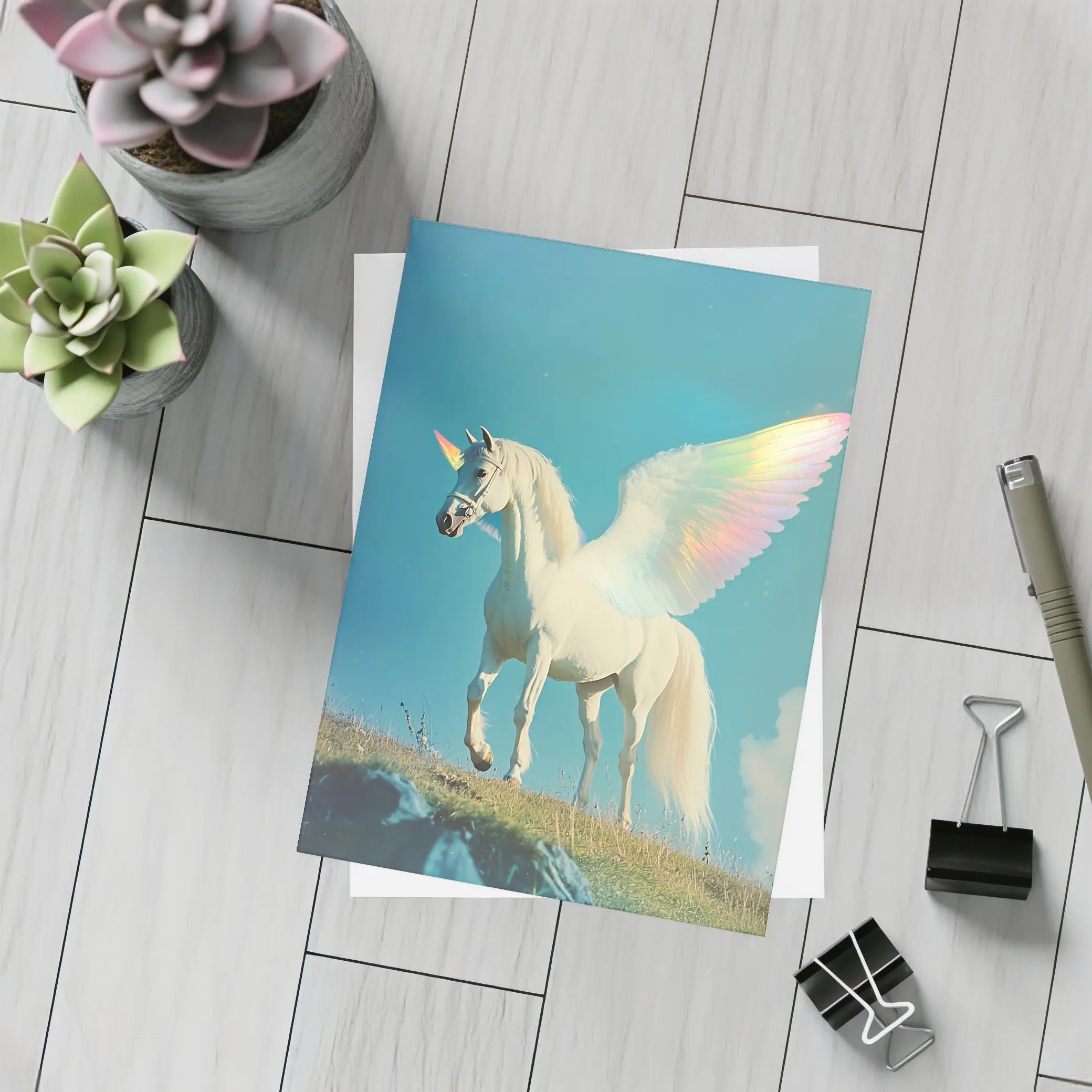 White Unicorn Rainbow Wings Blue Sky – Postcards