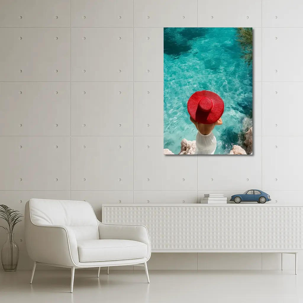 Woman Red Hat Turquoise Mediterranean Sea View – Wall Art