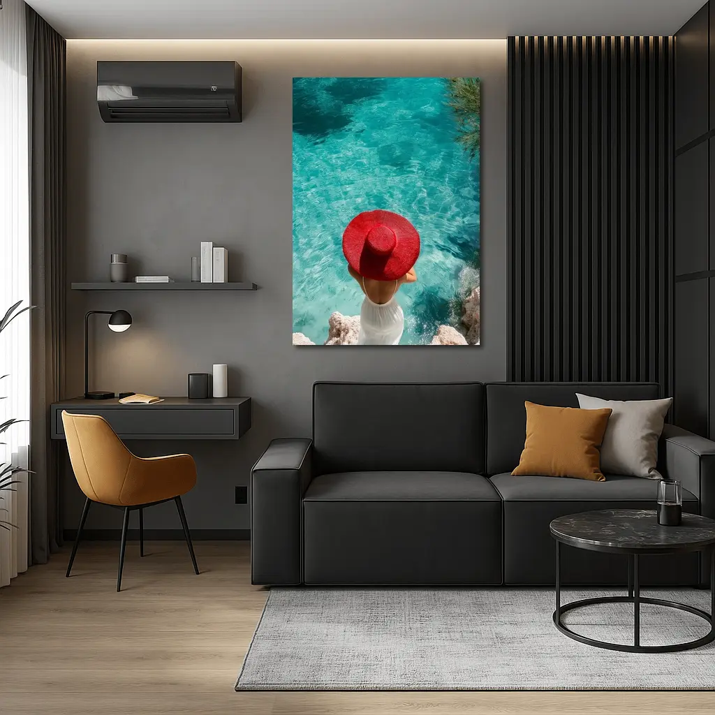 Woman Red Hat Turquoise Mediterranean Sea View – Wall Art