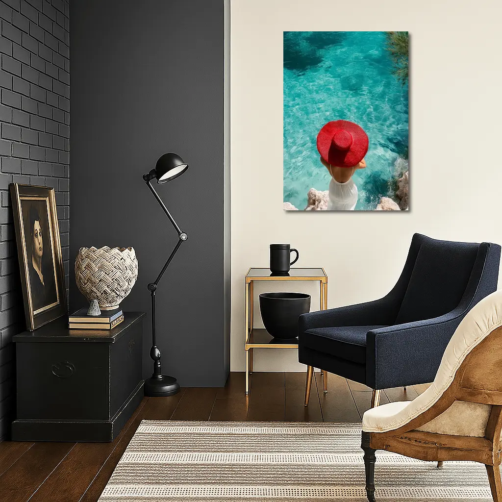 Woman Red Hat Turquoise Mediterranean Sea View – Wall Art