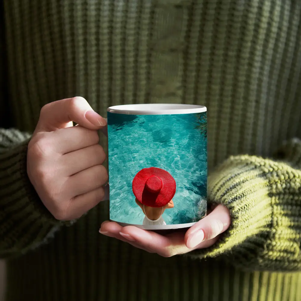 Woman Red Hat Turquoise Mediterranean Sea View – Mugs