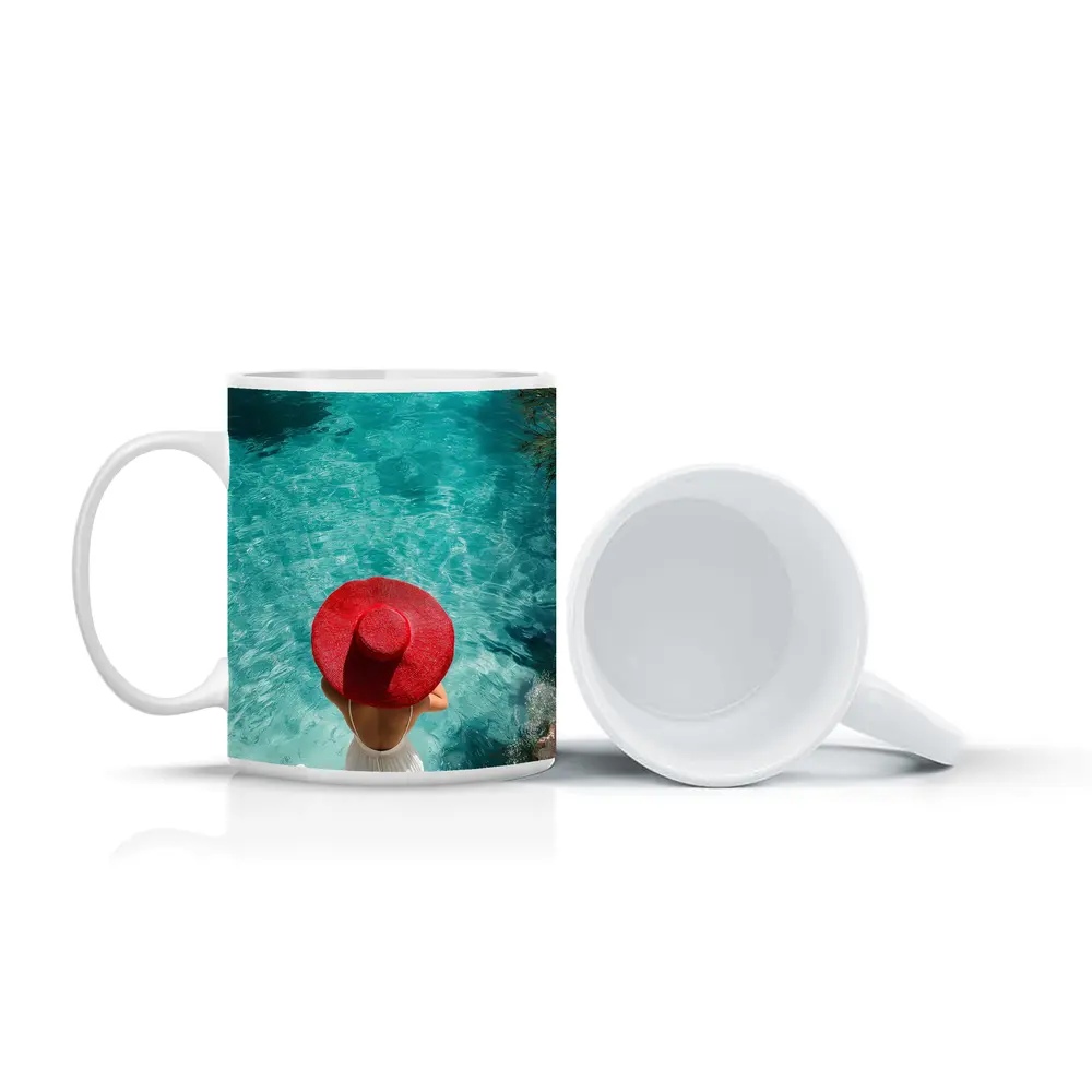 Woman Red Hat Turquoise Mediterranean Sea View – Mugs