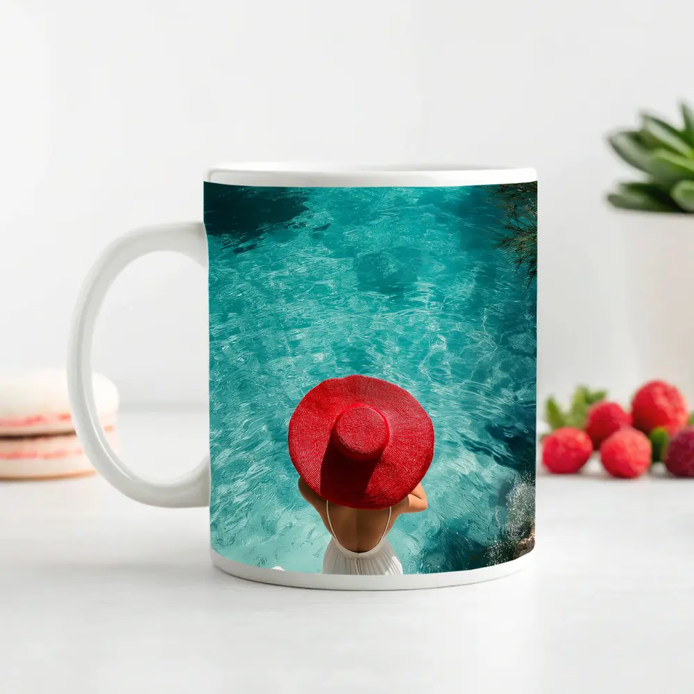 Woman Red Hat Turquoise Mediterranean Sea View – Mugs