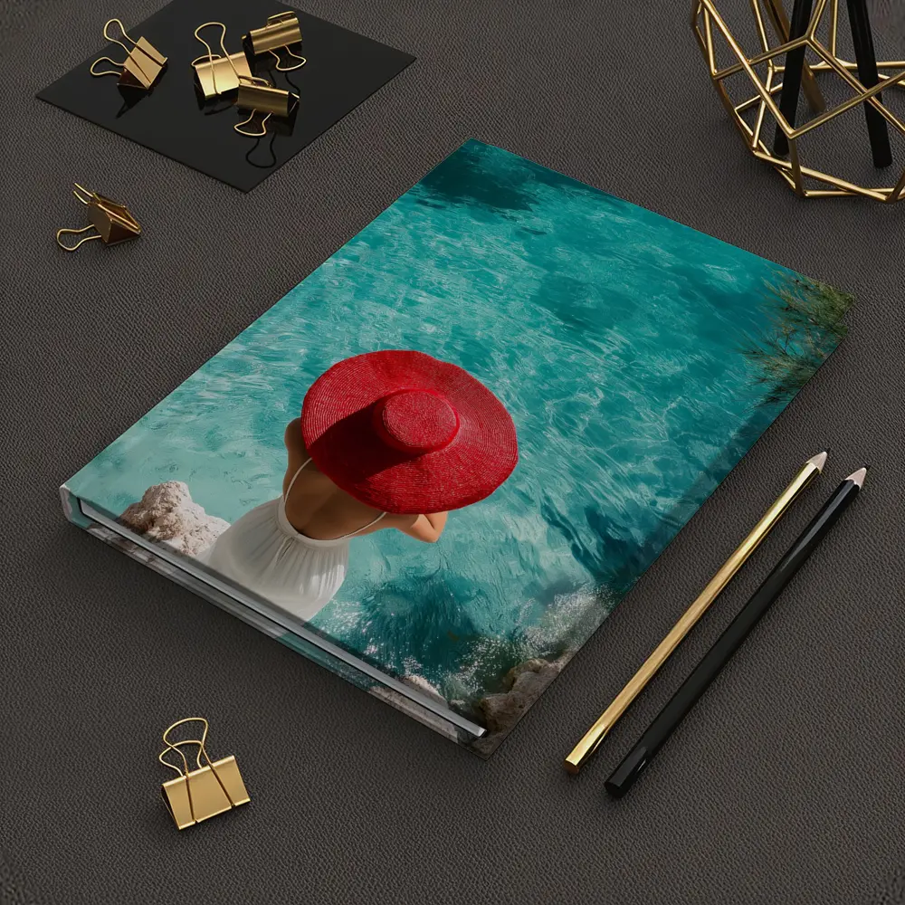 Woman Red Hat Turquoise Mediterranean Sea View – Notebooks