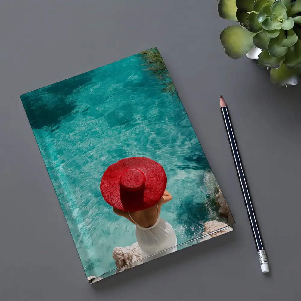 Woman Red Hat Turquoise Mediterranean Sea View – Notebooks