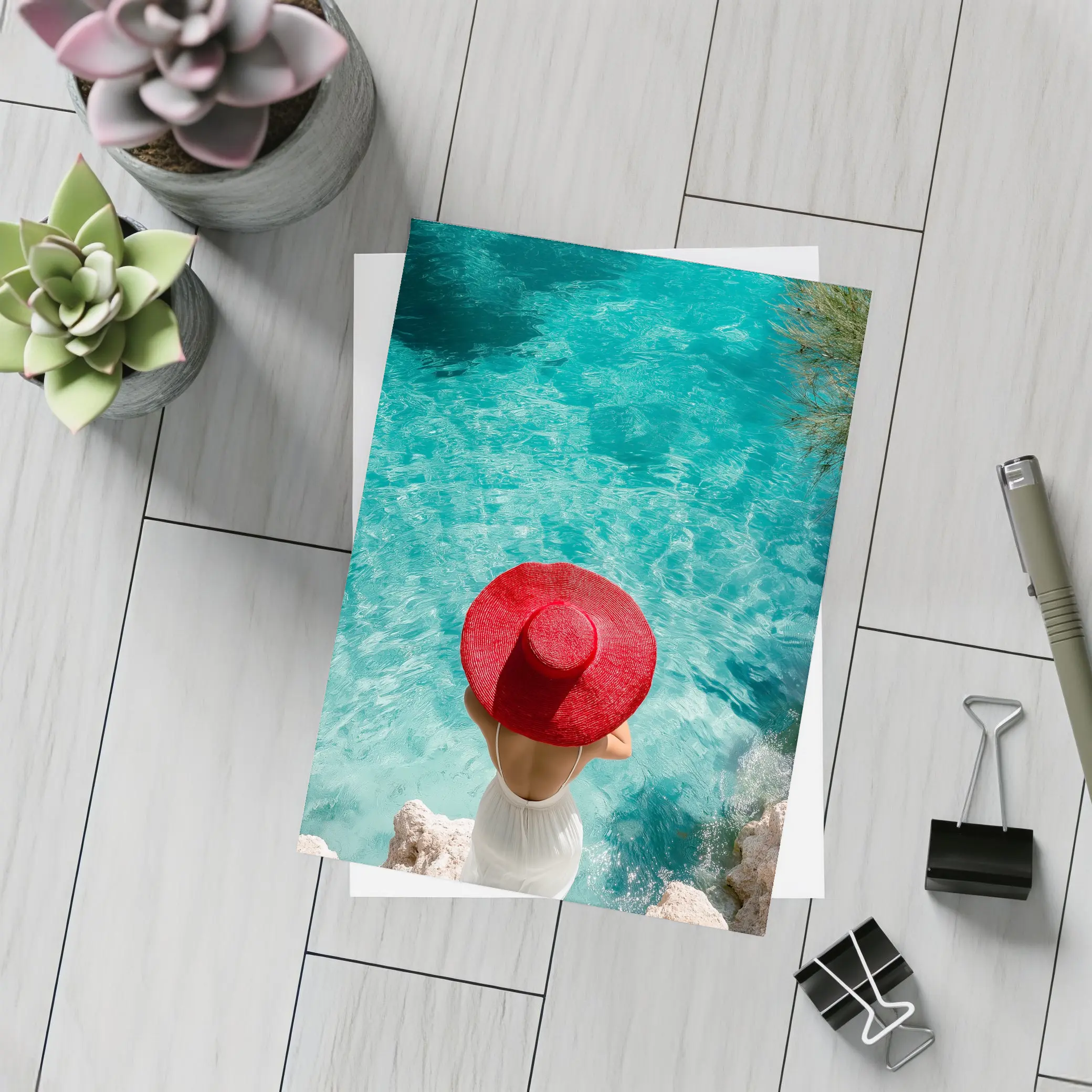 Woman Red Hat Turquoise Mediterranean Sea View – Postcards