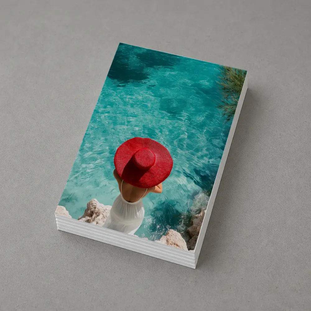 Woman Red Hat Turquoise Mediterranean Sea View – Postcards