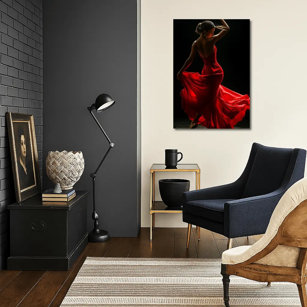 Flamenco Dancer Red Dress Dark Background – Wall Art