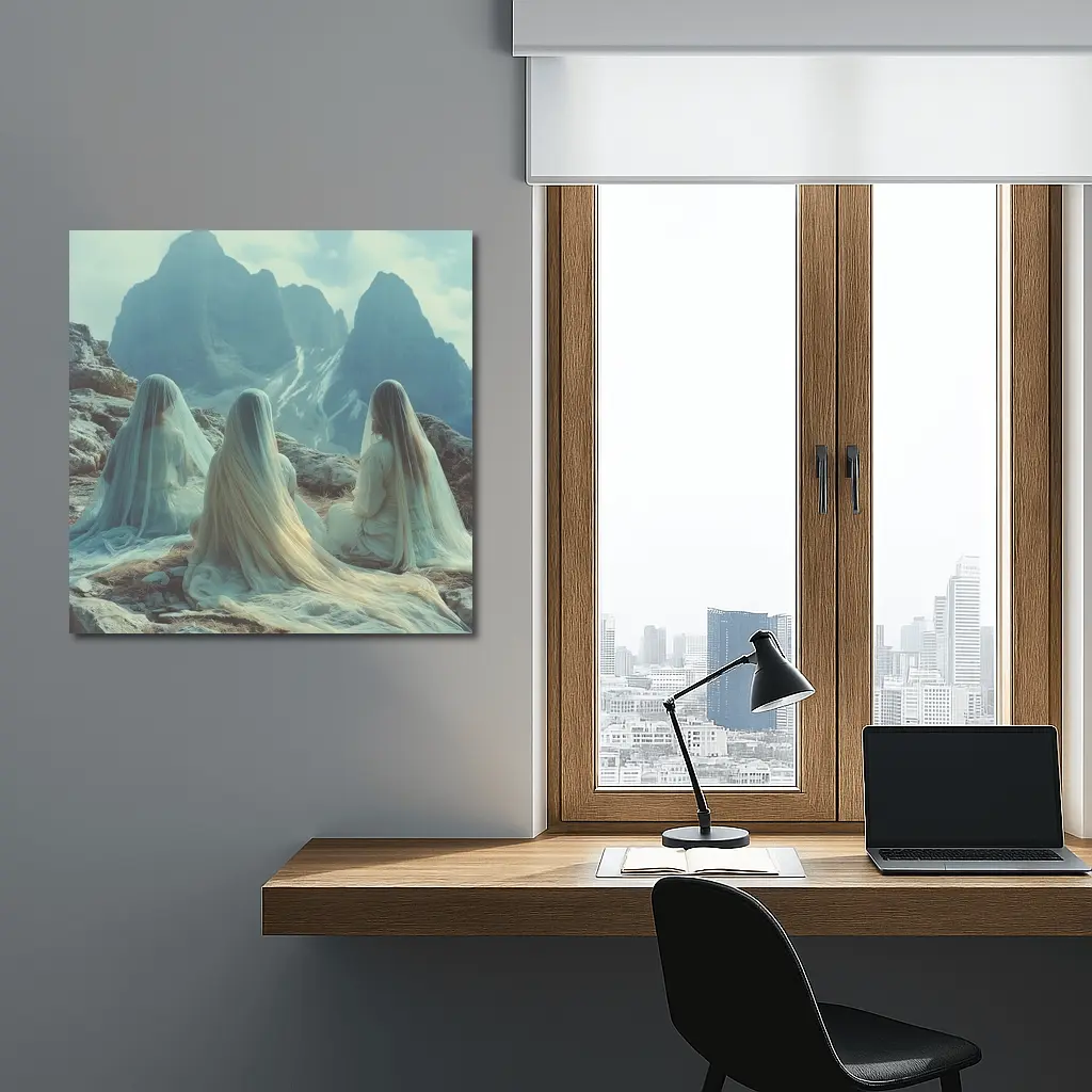Three Veiled Women Sitting Before Mountains – Wall Art
