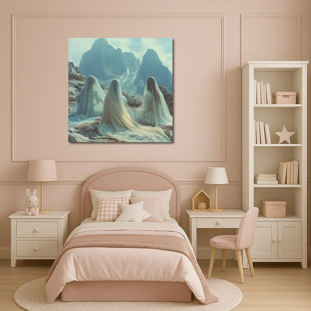 Three Veiled Women Sitting Before Mountains – Wall Art