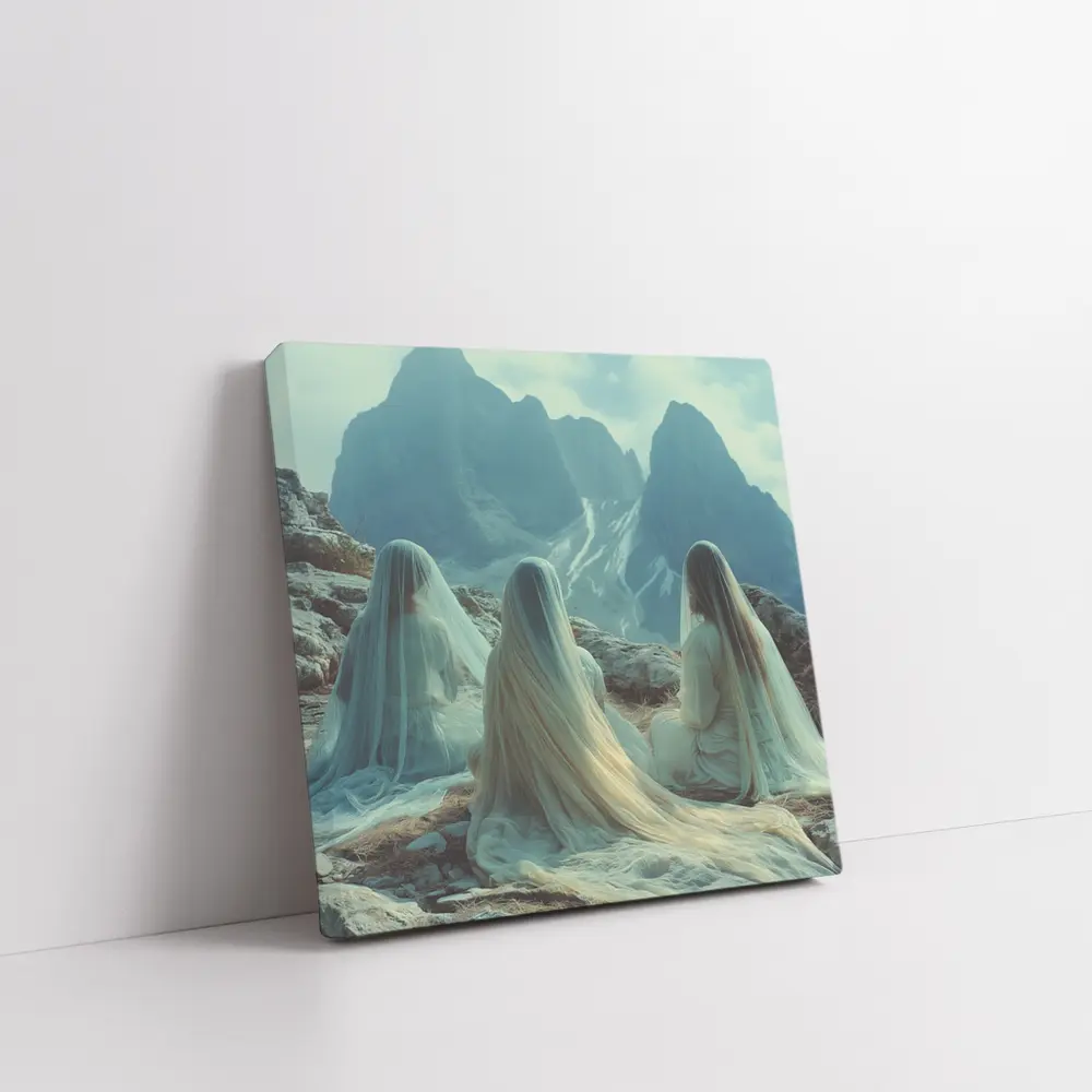 Three Veiled Women Sitting Before Mountains – Wall Art