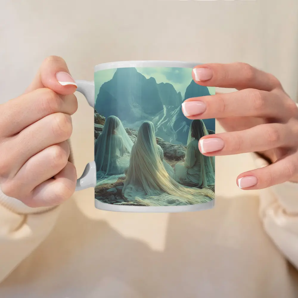 Three Veiled Women Sitting Before Mountains – Mugs