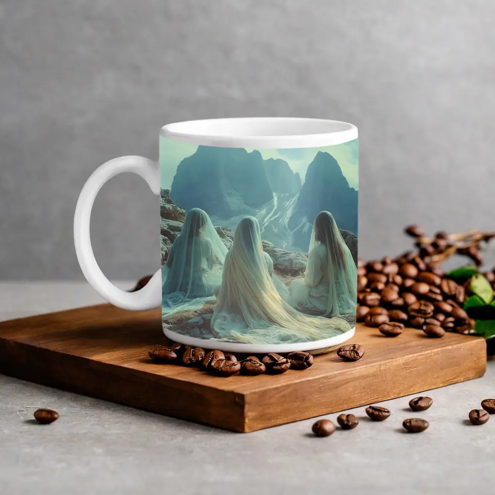 Three Veiled Women Sitting Before Mountains – Mugs