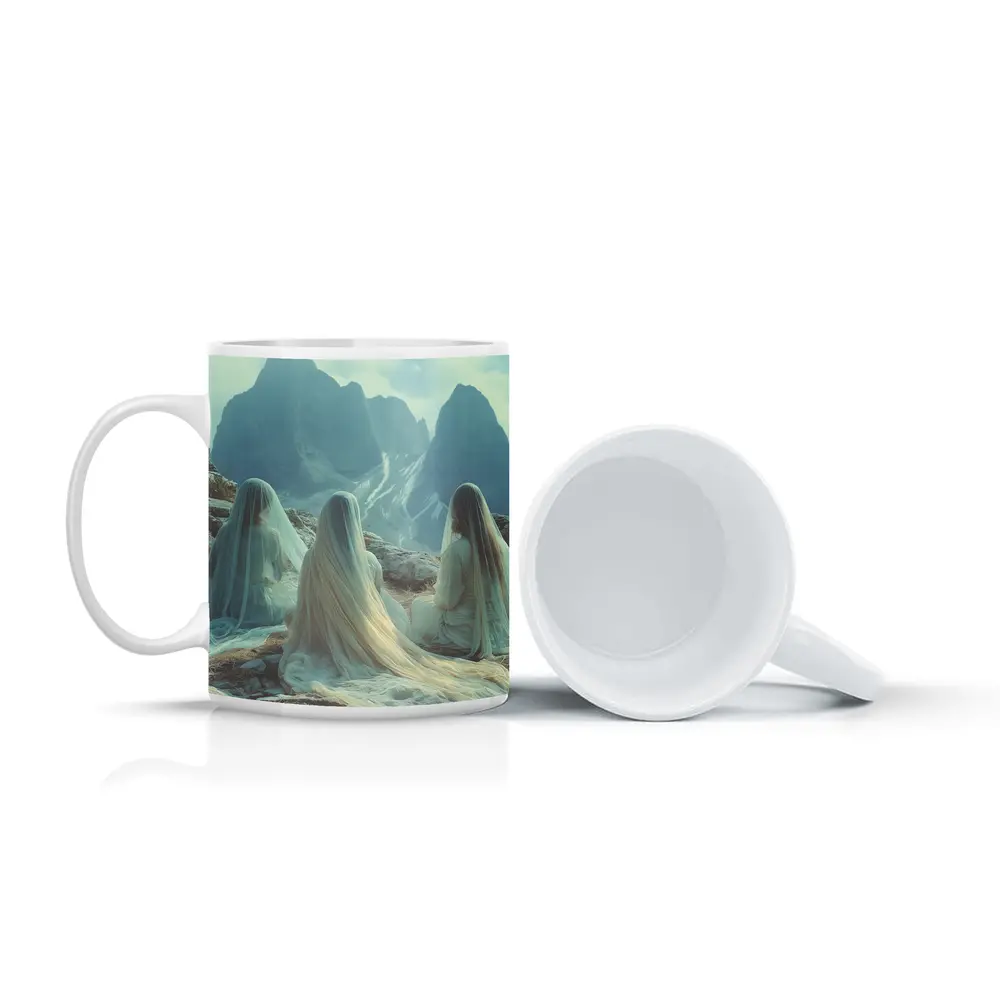 Three Veiled Women Sitting Before Mountains – Mugs