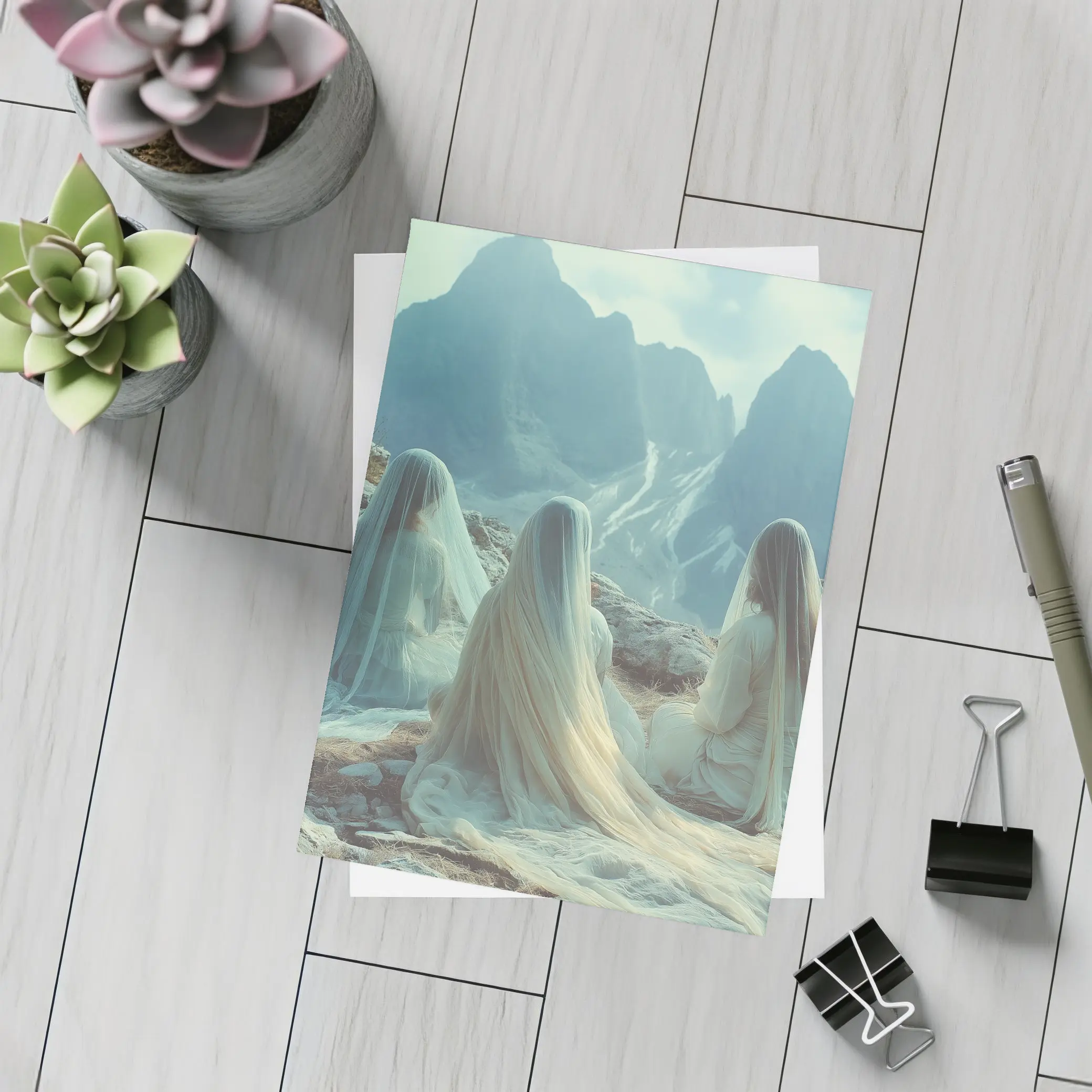 Three Veiled Women Sitting Before Mountains – Postcards