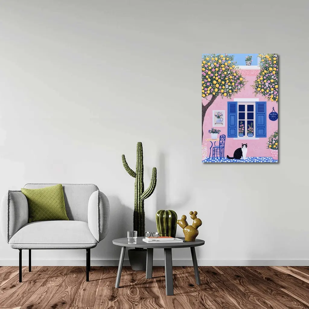 Black White Cat Pink Mediterranean House Lemons – Wall Art