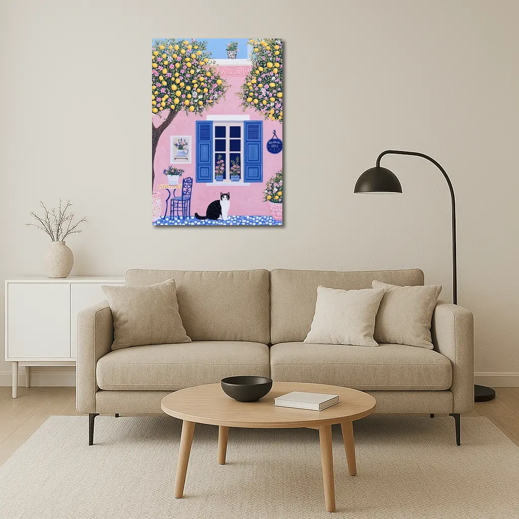 Black White Cat Pink Mediterranean House Lemons – Wall Art