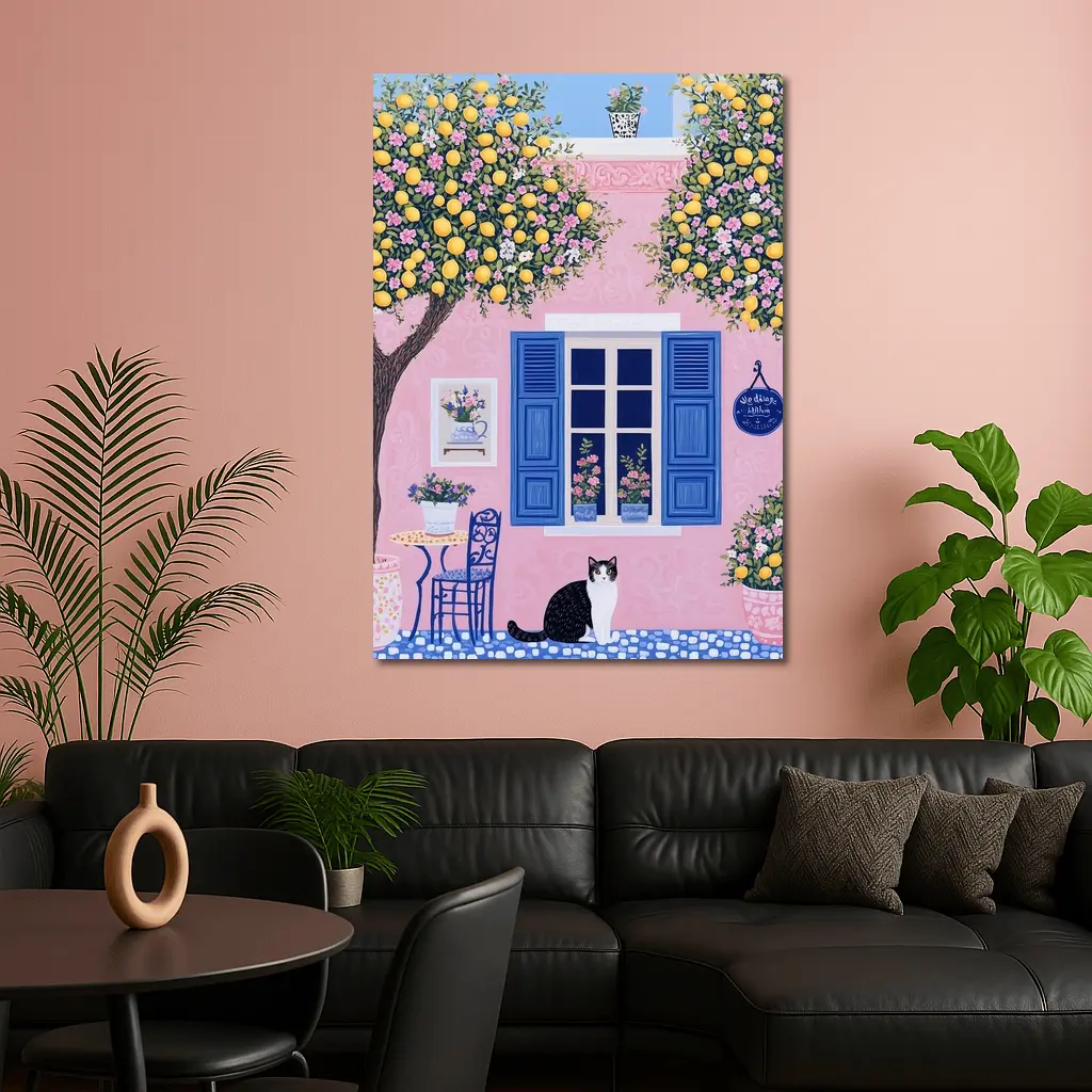 Black White Cat Pink Mediterranean House Lemons – Wall Art