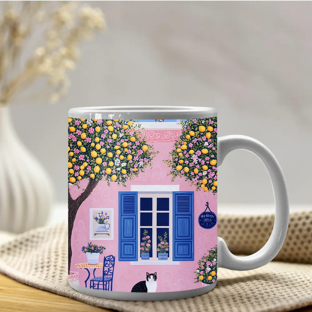 Black White Cat Pink Mediterranean House Lemons – Mugs