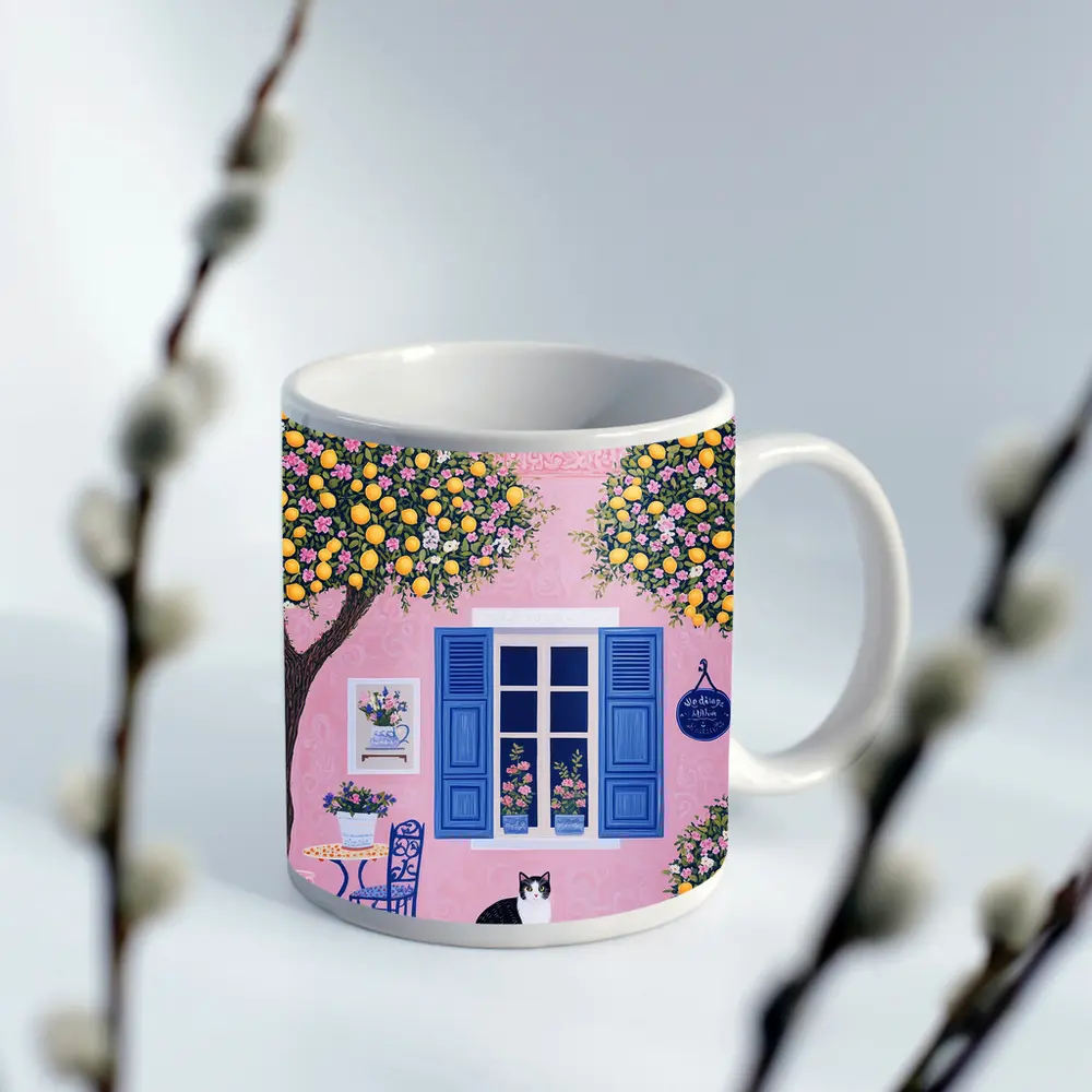 Black White Cat Pink Mediterranean House Lemons – Mugs