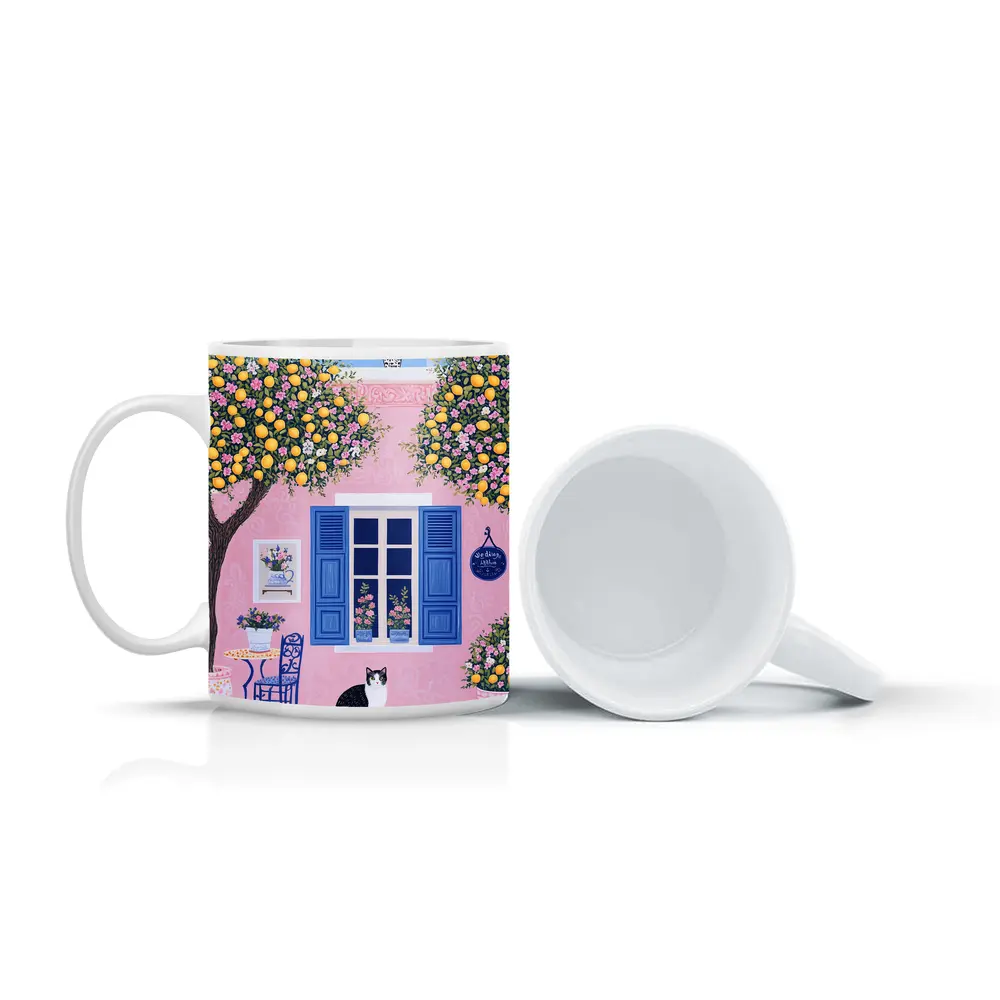 Black White Cat Pink Mediterranean House Lemons – Mugs