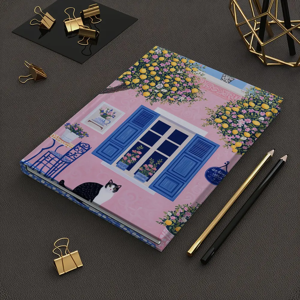 Black White Cat Pink Mediterranean House Lemons – Notebooks