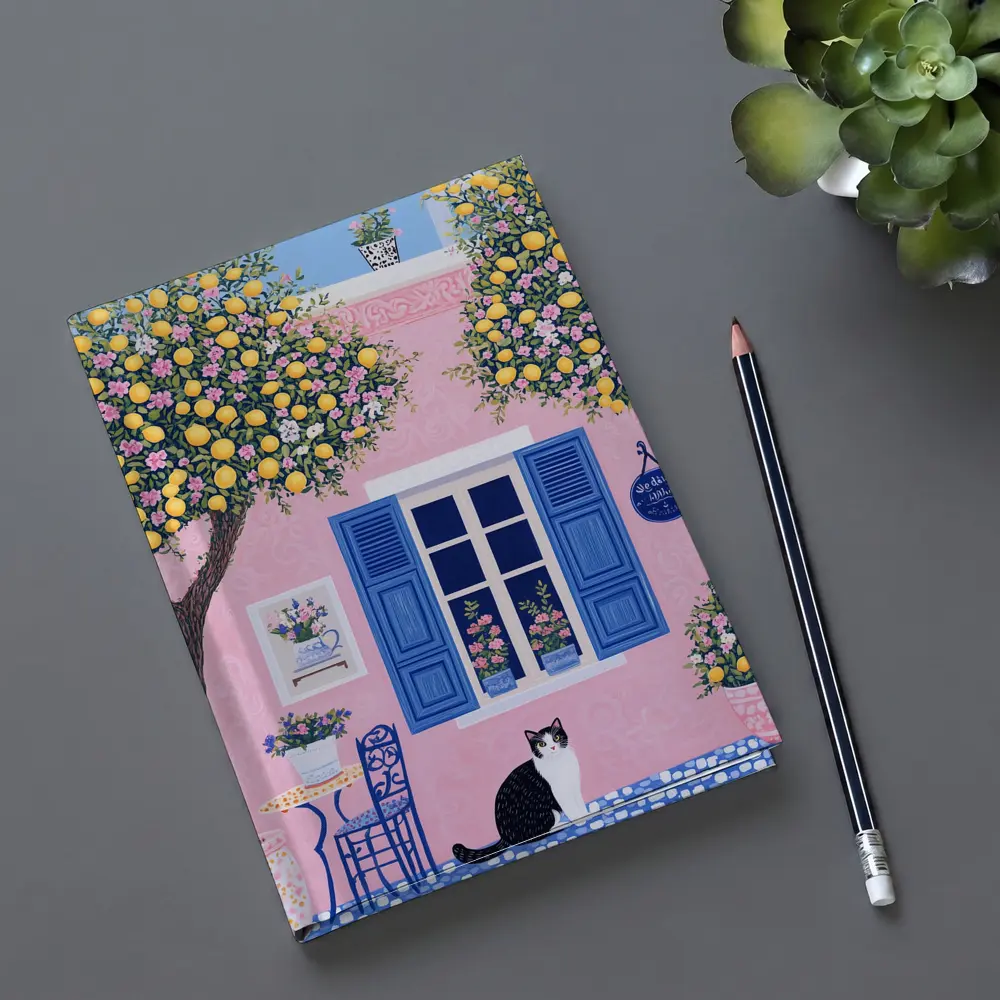 Black White Cat Pink Mediterranean House Lemons – Notebooks