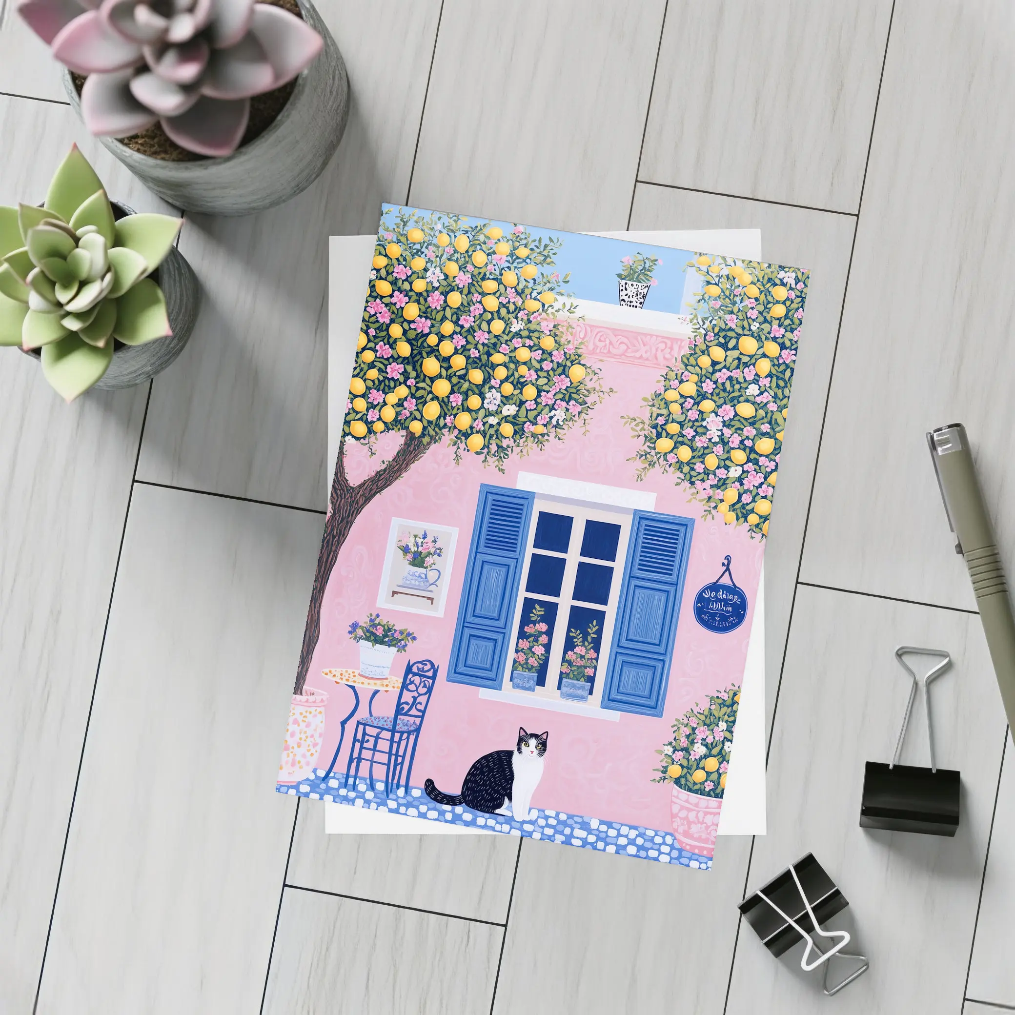 Black White Cat Pink Mediterranean House Lemons – Postcards