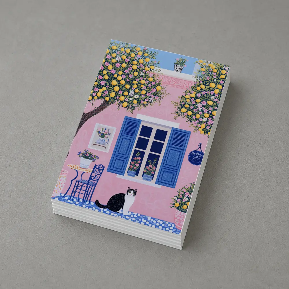 Black White Cat Pink Mediterranean House Lemons – Postcards