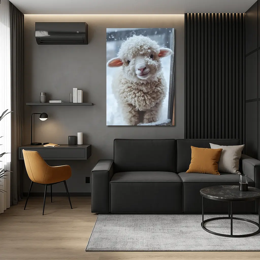 Fluffy White Lamb Standing In Winter Snow – Wall Art