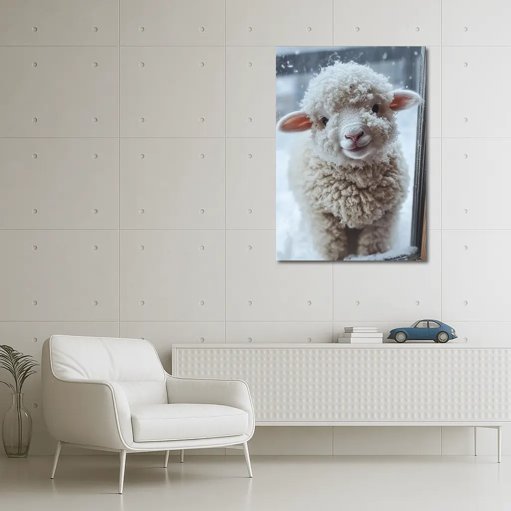 Fluffy White Lamb Standing In Winter Snow – Wall Art