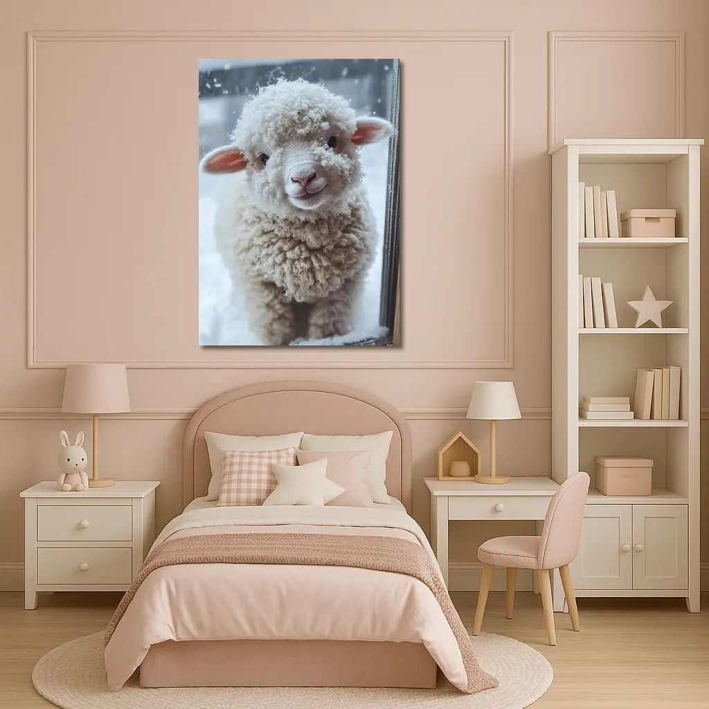 Fluffy White Lamb Standing In Winter Snow – Wall Art