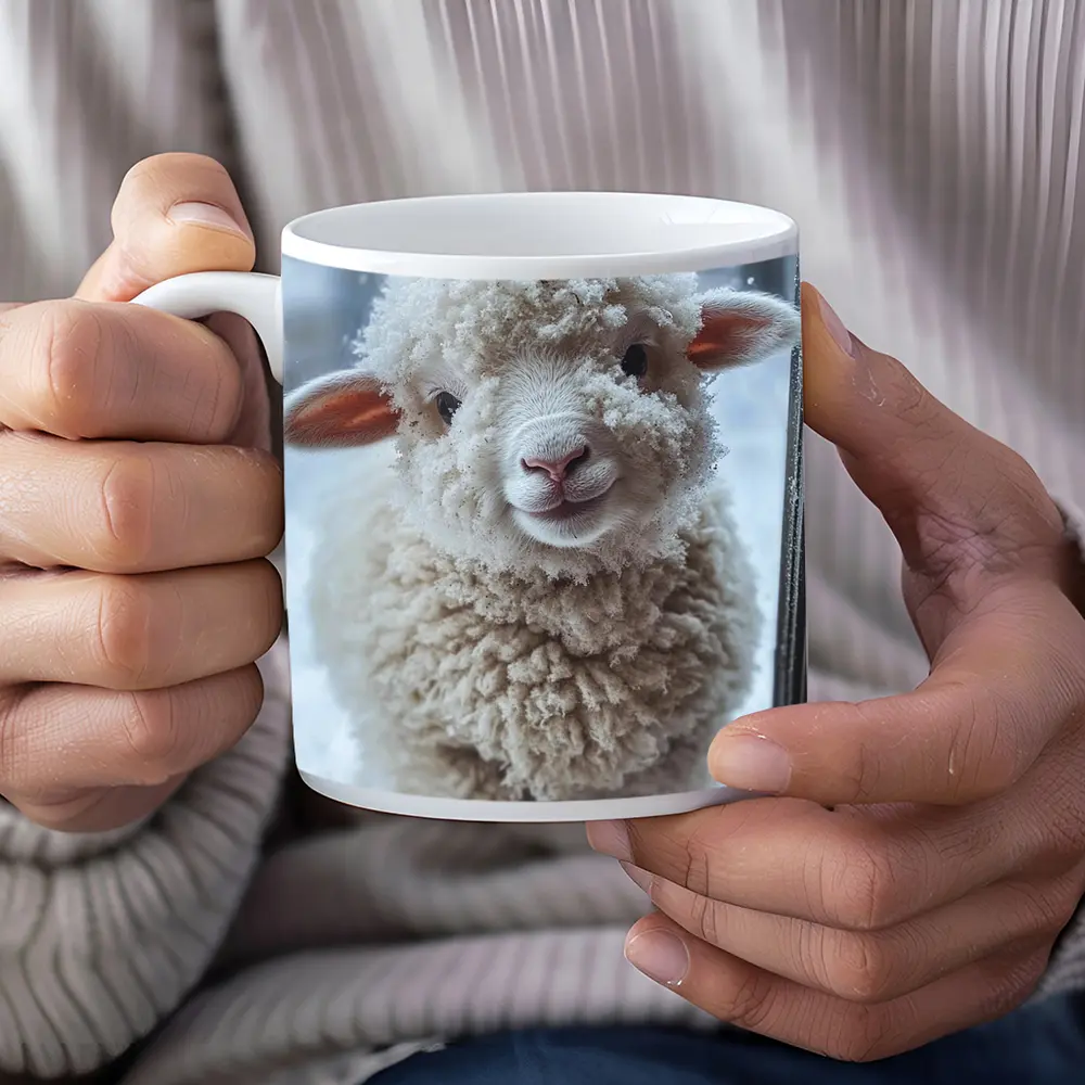 Fluffy White Lamb Standing In Winter Snow – Mugs