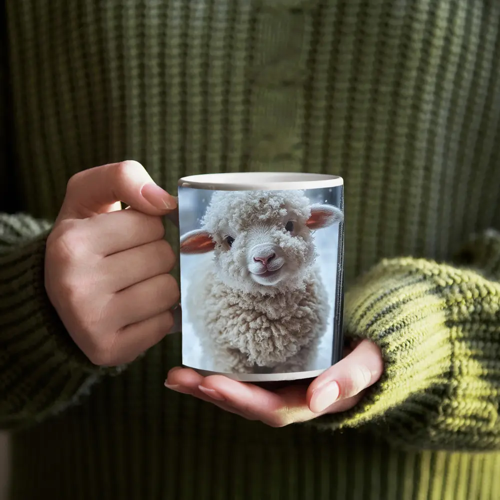 Fluffy White Lamb Standing In Winter Snow – Mugs