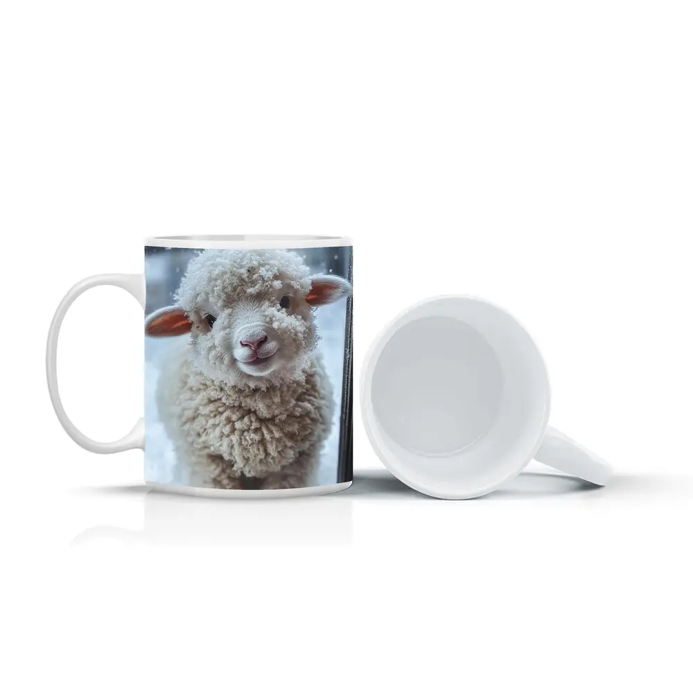 Fluffy White Lamb Standing In Winter Snow – Mugs