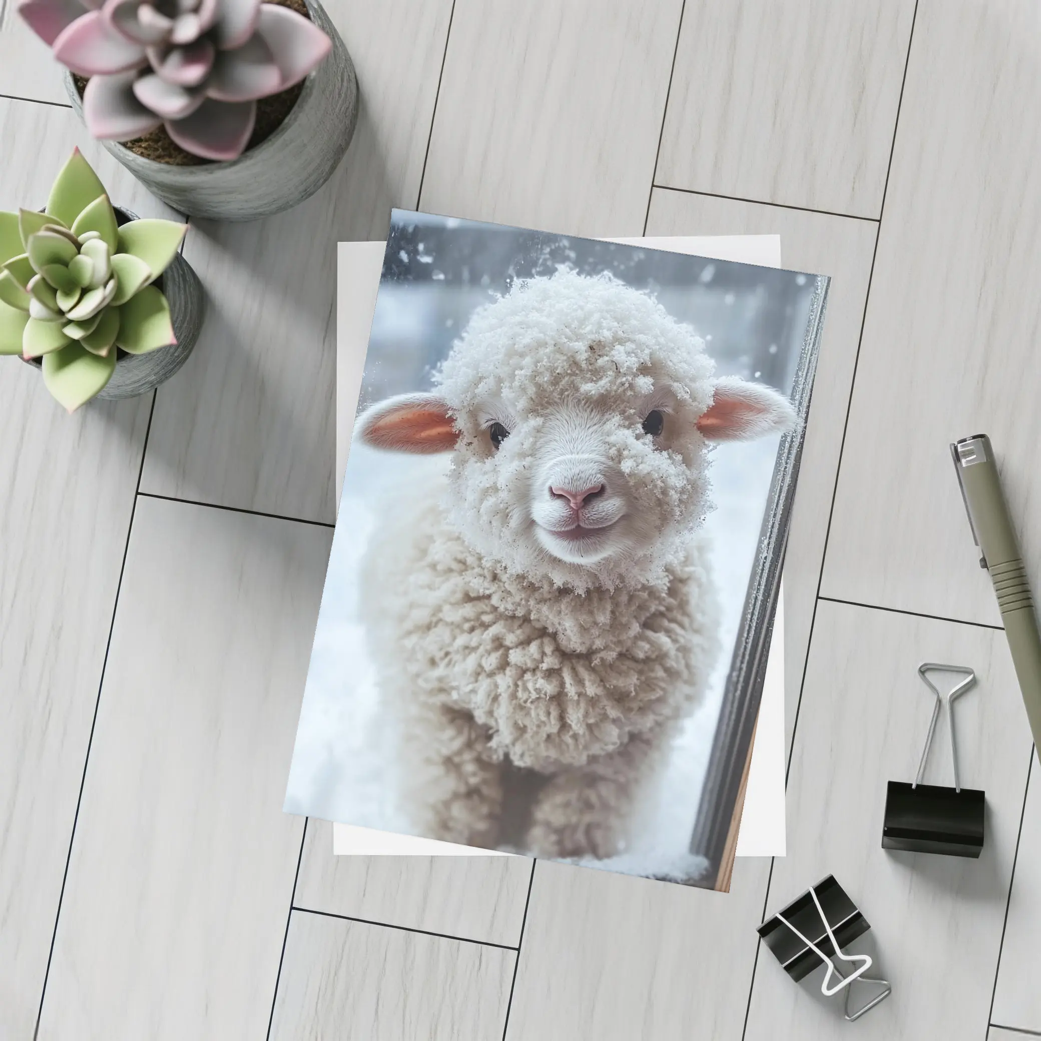 Fluffy White Lamb Standing In Winter Snow – Postcards