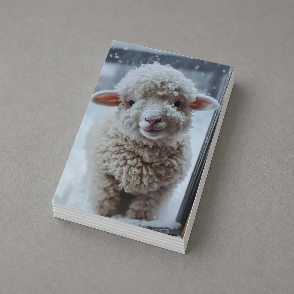 Fluffy White Lamb Standing In Winter Snow – Postcards