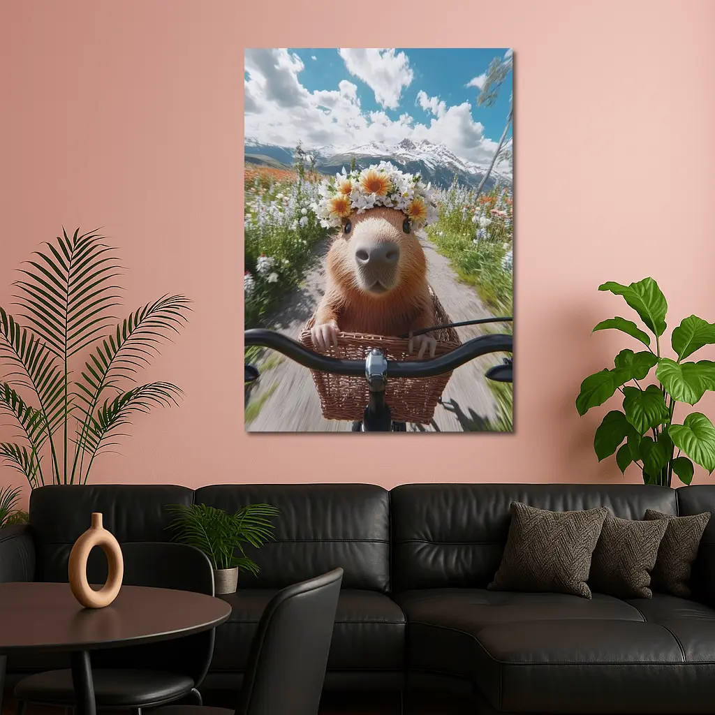 Capybara Flower Crown Bicycle Mountain Meadow – Wall Art