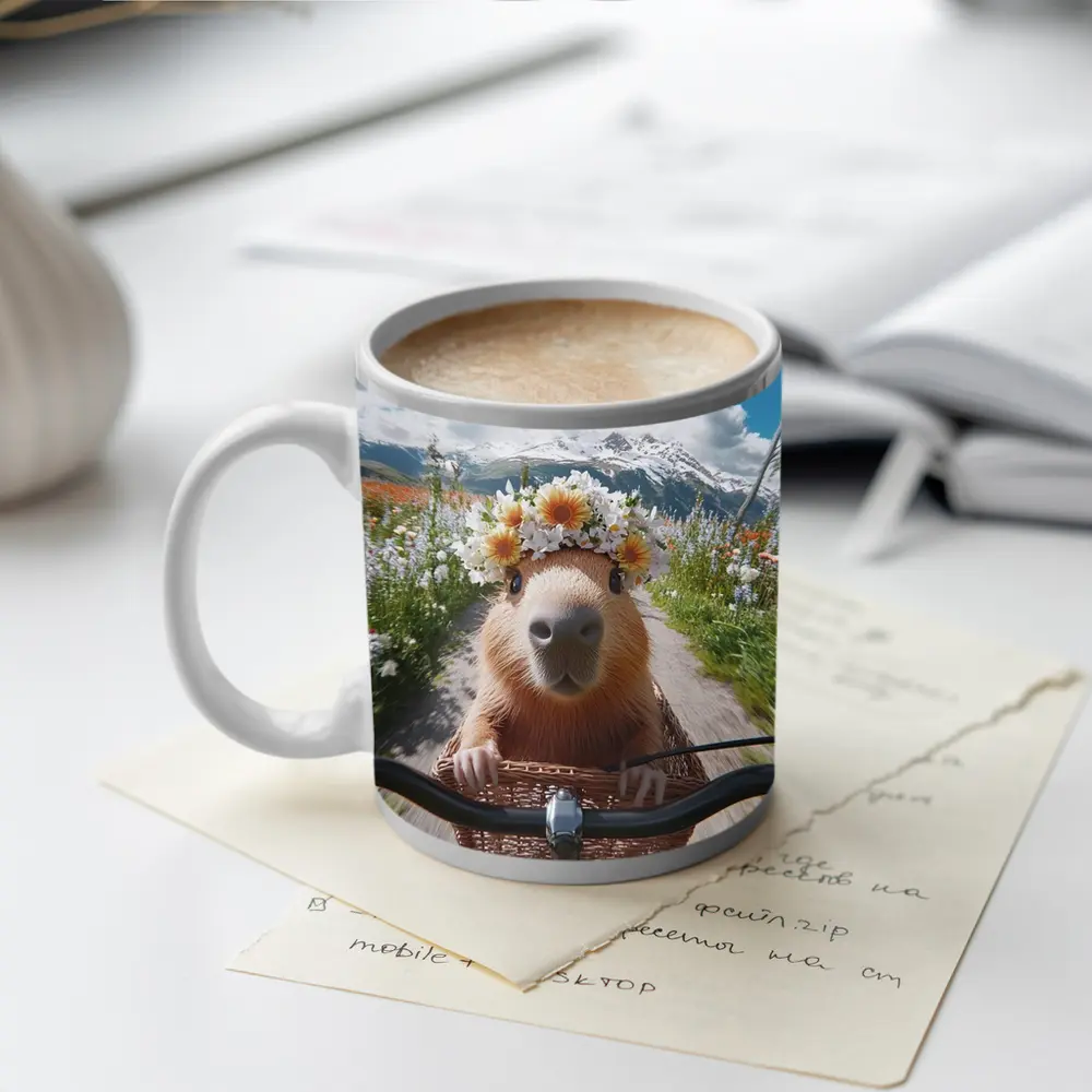 Capybara Flower Crown Bicycle Mountain Meadow – Mugs