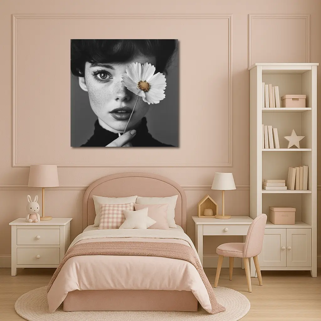 Freckled Woman Holding Cosmos Flower Portrait – Wall Art