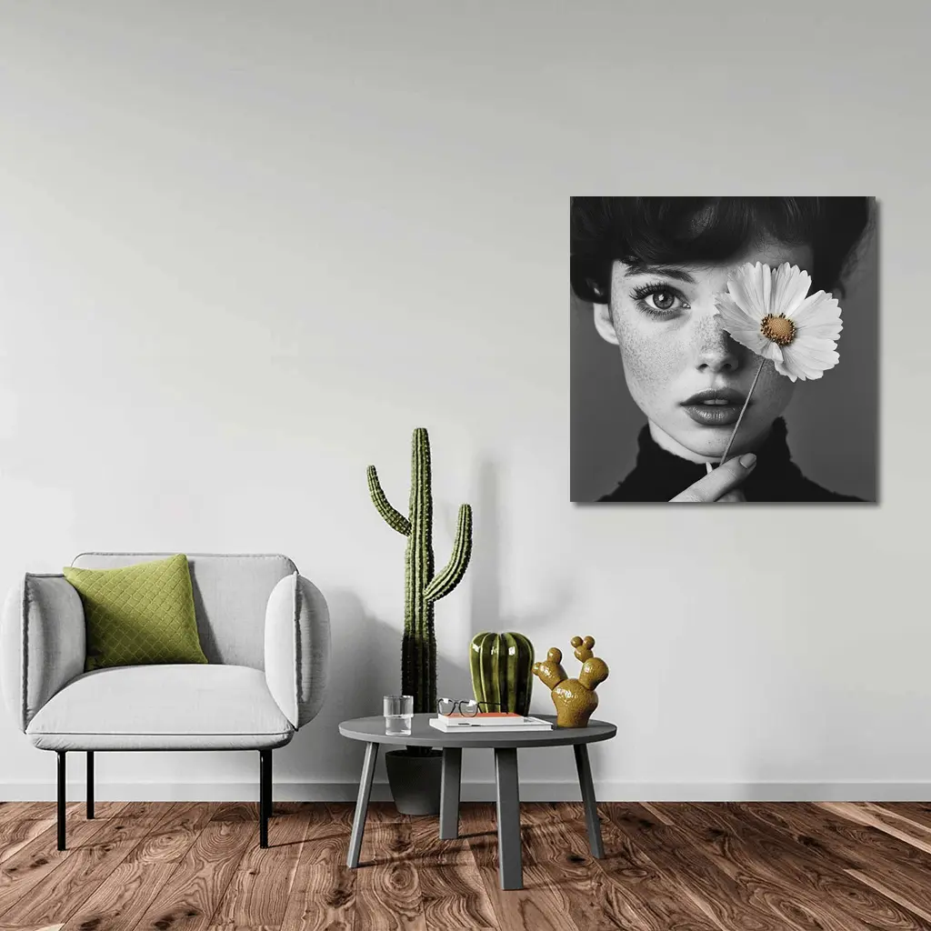 Freckled Woman Holding Cosmos Flower Portrait – Wall Art