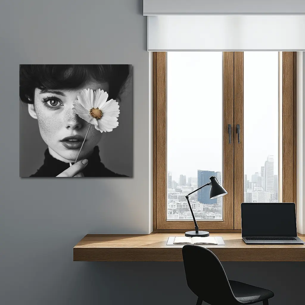 Freckled Woman Holding Cosmos Flower Portrait – Wall Art
