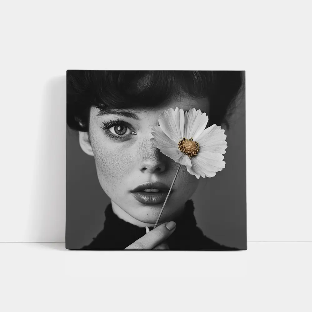 Freckled Woman Holding Cosmos Flower Portrait – Wall Art