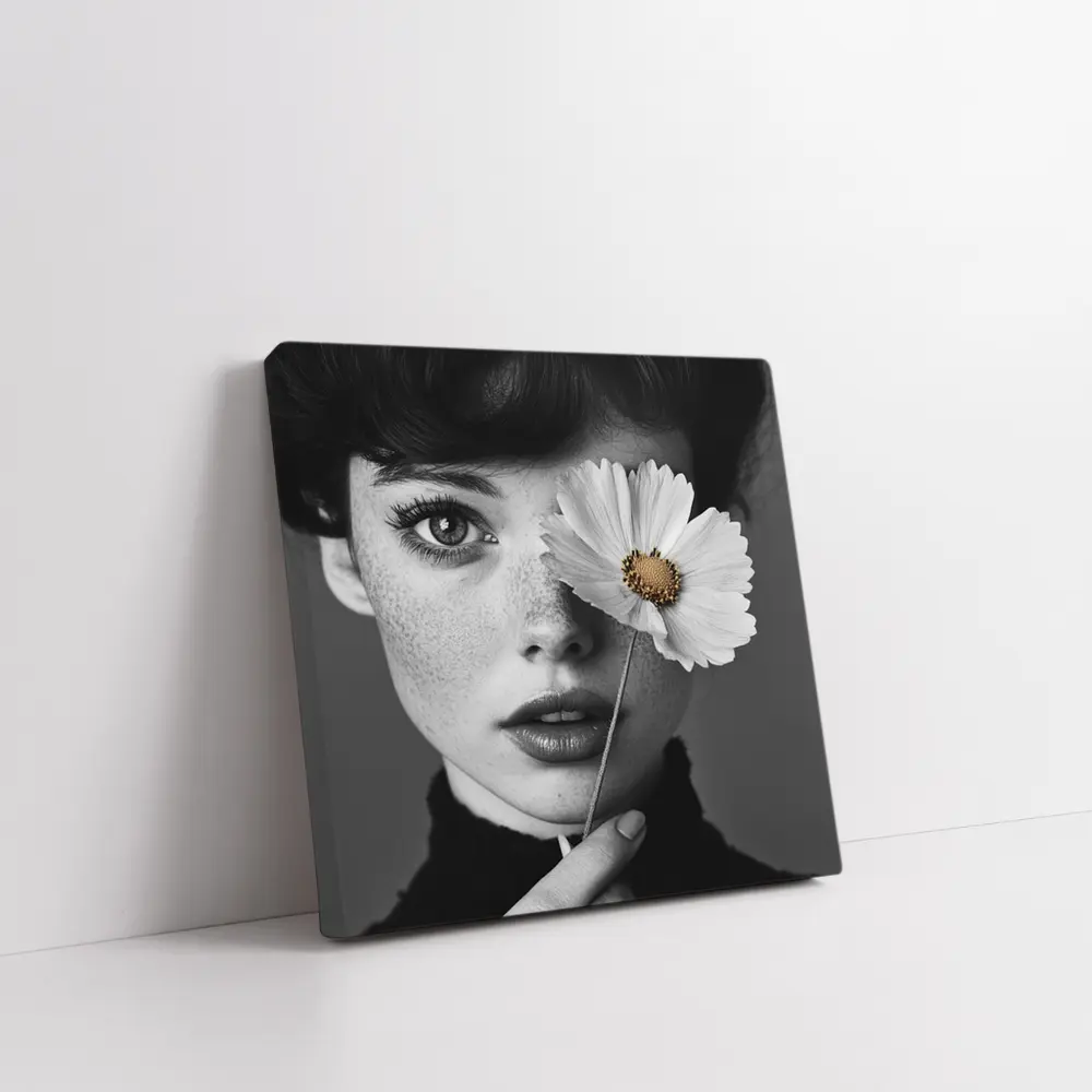 Freckled Woman Holding Cosmos Flower Portrait – Wall Art