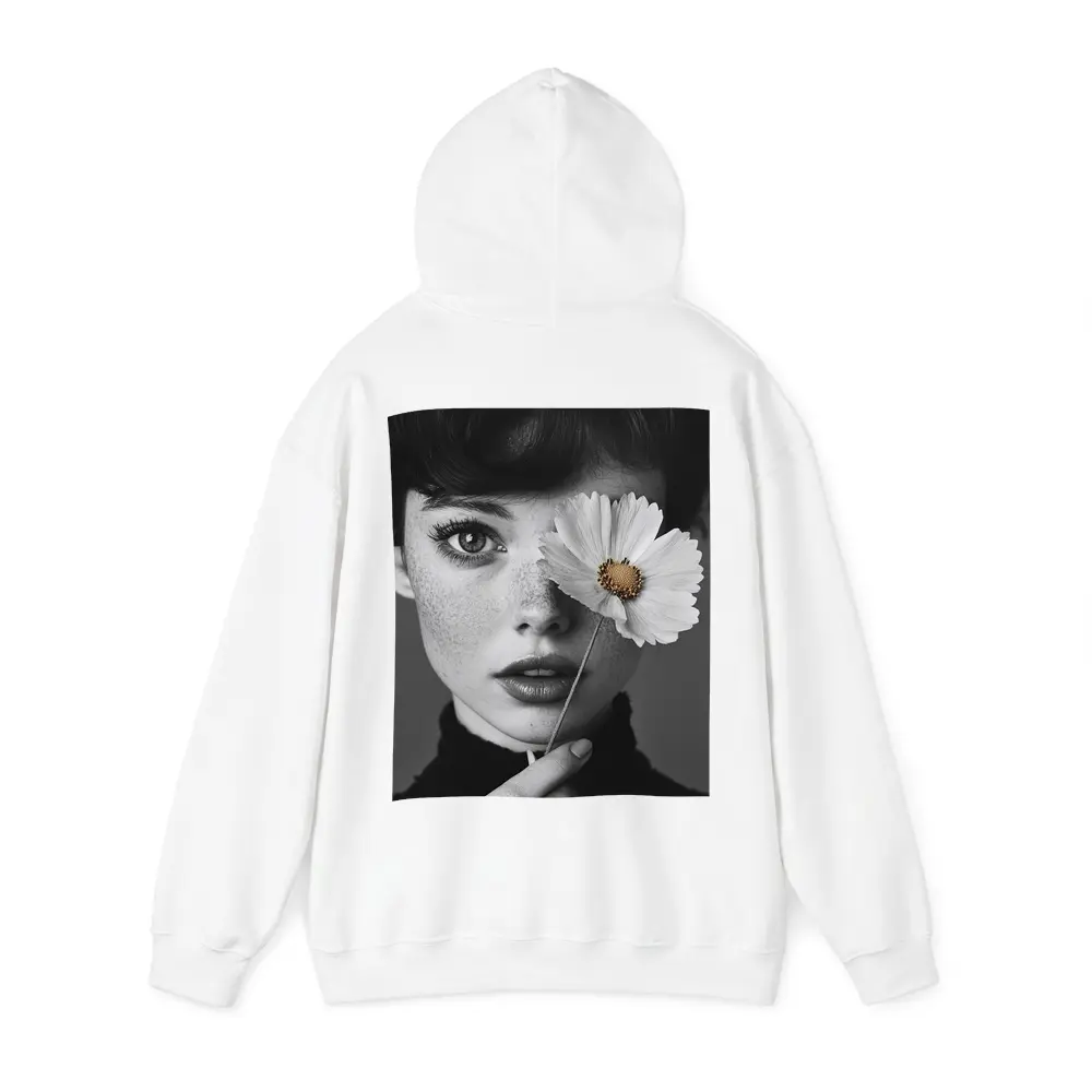 Freckled Woman Holding Cosmos Flower Portrait – Hoodies
