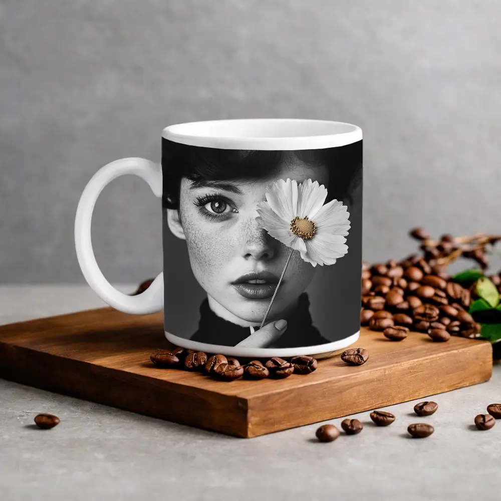 Freckled Woman Holding Cosmos Flower Portrait – Mugs