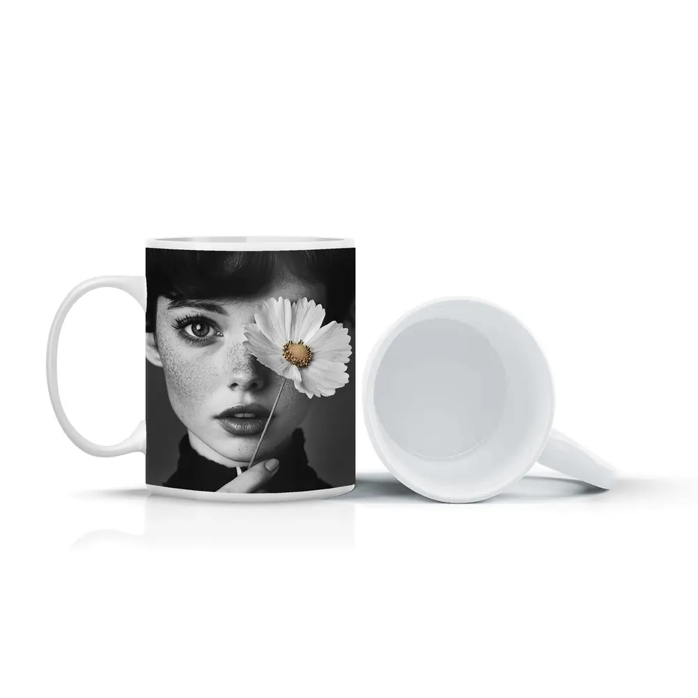 Freckled Woman Holding Cosmos Flower Portrait – Mugs