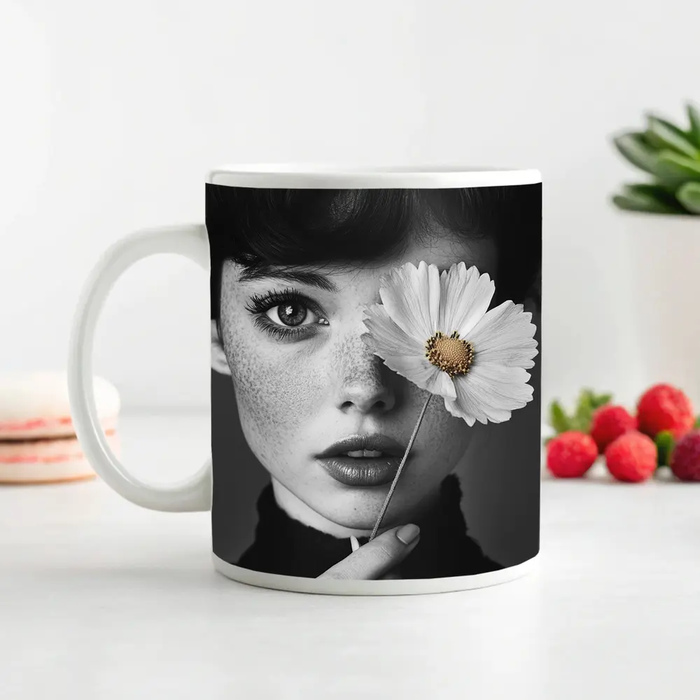 Freckled Woman Holding Cosmos Flower Portrait – Mugs